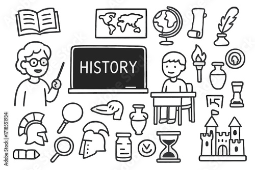 Interactive History Chalkboard. Hand-drawn doodle illustration interactive history class chalkboard, teacher figure, student desk, book, map, globe, quill,