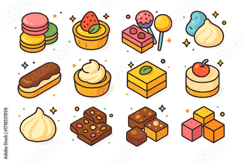 Dessert Tray Icons. Colorful isometric vector icons set of Dessert Tray Delights: macarons, mini tarts, fruit bars, cake pops, eclairs, cream puffs, lemon
