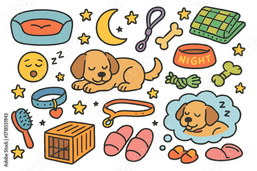 Puppy's Dreamy Night. Colorful Hand-drawn doodle Children illustration Puppy nighttime routine dog bed, sleepy puppy, chew toy, moon, stars, night bowl,