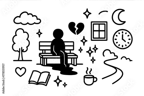 Solitude and Reflection. Hand-drawn doodle illustration Waiting in solitude [clock, bench, window, figure silhouette, broken heart, star, moon, sparkle, book,