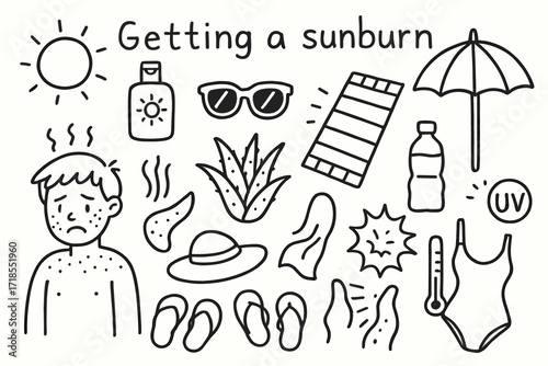 Sunburn Essentials Illustration. Hand-drawn doodle illustration Getting a sunburn [sun, red skin, sunscreen bottle, sunglasses, beach towel, umbrella, aloe