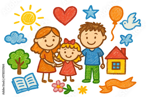 Colorful Family Doodle. Family bond. Colorful Hand-drawn doodle Children illustration parents, child, house, heart, star, tree, flower, sun, cloud, smiling