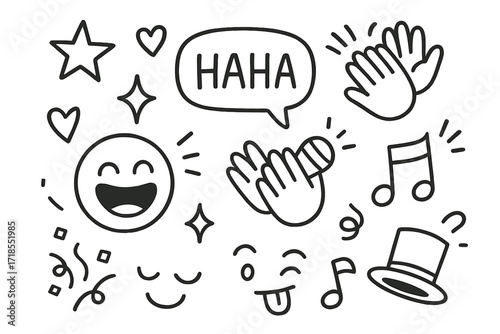 Doodle Comedy Icons. Hand-drawn doodle illustration Audience laughter [laughing face, star, heart, sparkle, comic bubble, clapping hands, waving hand, music