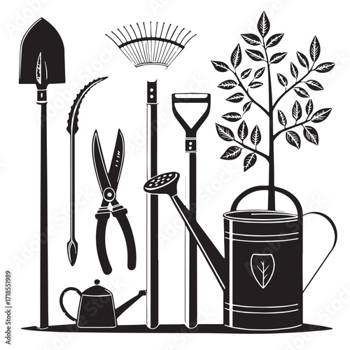 Black outdoor and gardening tools Silhouette Vector, High Quality Illustration on White Background