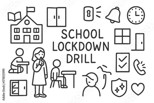 School Lockdown Icons. Hand-drawn doodle illustration School lockdown drill [school building, door, lock, bell, student figure, teacher figure, desk, window,