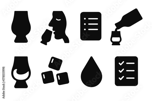 Whiskey Tasting Icons. Solid, filled icon set of whiskey tasting elements: whiskey glass, aroma sniffing, tasting notes, whiskey pour, whiskey swirl, ice