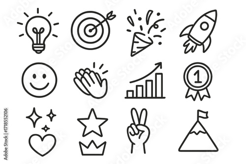 Motivational Icon Doodles. Hand-drawn doodle illustration Motivational icons [lightbulb, goal target, confetti, rocket, smiley face, clapping hands, bar chart,