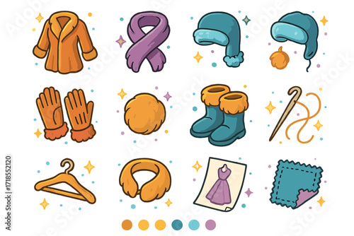 Mink Fashion Icons. Colorful isometric vector icons set of mink-related accessories: mink fur coat, faux fur scarf, fur hat, lined gloves, mink pompom,