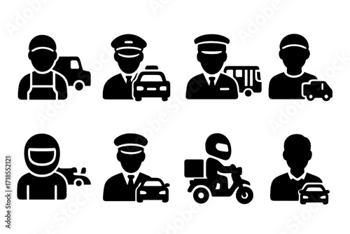 Professional Drivers Icons. Solid, filled icon set of professional drivers: truck driver, taxi driver, bus driver, delivery driver, race car driver, chauffeur,