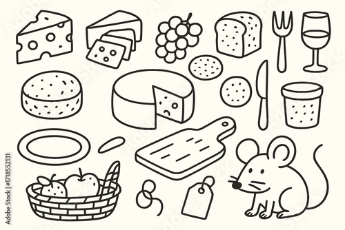 Cheese Platter Doodle. Hand-drawn doodle illustration Cheese platter cheese wedge, cheese slices, grapes, bread, cracker, knife, fork, wine glass, cheese