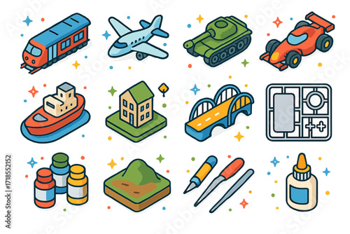 Colorful Scale Model Icons. Scale models. Colorful isometric vector icons set of scale models: train model, airplane, tank, race car, ship, building miniature,