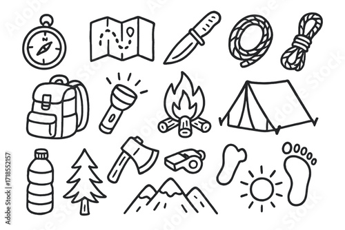 Wilderness Survival Icons. Hand-drawn doodle illustration Wilderness survival compass, map, knife, rope, backpack, flashlight, campfire, tent, water bottle,
