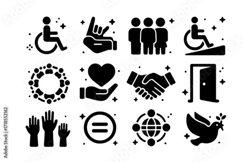 Inclusive Iconography Grid. Inclusion. Solid icons set of wheelchair symbol, sign language hand, diverse people, accessible ramp, inclusive circle, support