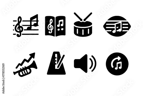 Music Practice Icons. Solid, filled icon set of practice techniques: scales, exercises, rudiments, sight reading, improvisation, timing, dynamics, repetition.
