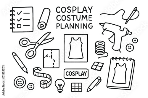 Cosplay Costume Essentials. Hand-drawn doodle illustration [Cosplay costume planning] [notebook, checklist, fabric roll, sewing needle, scissors, pattern