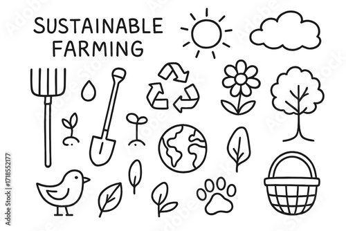 Sustainable Farming Doodles. Hand-drawn doodle illustration sustainable farming for ecosystems shovel, rake, seed, sprout, tree, flower, water droplet, sun,