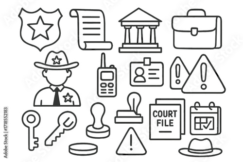 Law Enforcement Doodle Icons. Hand-drawn doodle illustration Civil enforcement badge, law icon, scroll, courtroom, briefcase, sheriff figure, radio, ID card,
