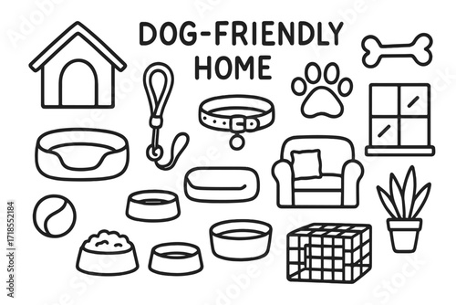 Dog-Friendly Home Doodles. Dog-Friendly Home. Hand-drawn doodle illustration dog-friendly home dog house, leash, collar, paw print, bone, toy ball, bed, sofa,