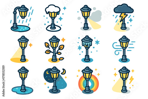 Weather-Themed Streetlamp Icons. Colorful isometric vector icons set of street lamps in different weather: rainy streetlight, snow-covered lamp, foggy lamp