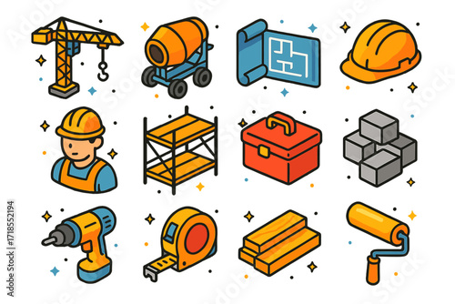 Colorful Construction Icons. Construction. Colorful isometric vector icons set of construction: crane, cement mixer, blueprint, safety helmet, construction