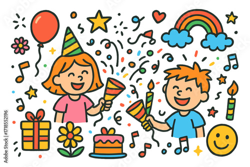 Joyful Celebration Doodles. Colorful Hand-drawn doodle Children illustration Setting Off Party Poppers [party popper, confetti, balloon, star, rainbow, heart,