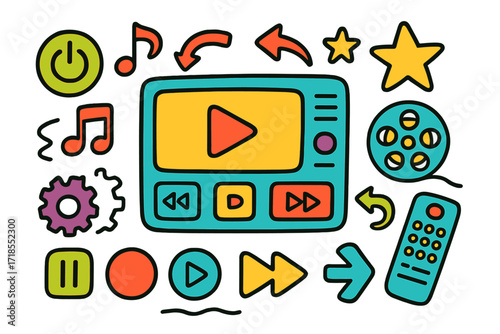 Colorful Media Player Doodles. Media Player. Colorful Hand-drawn doodle Children illustration Media Player play, pause, stop, record, rewind, fast forward,
