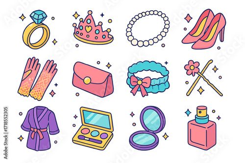 Colorful Bridal Icons. Colorful isometric vector icons set of bridal accessories: engagement ring, tiara, pearl necklace, high heels, lace gloves, clutch bag,