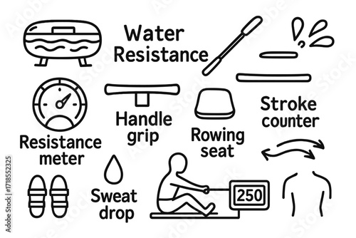 Rowing Equipment Doodle. Hand-drawn doodle illustration Water Resistance Rowing water tank, paddle icon, splash symbol, resistance meter, handle grip, rowing