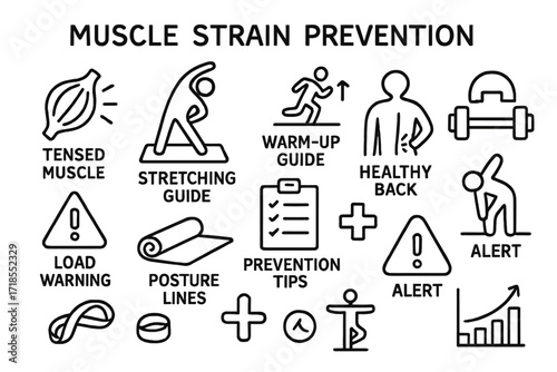 Muscle Strain Prevention Doodles. Hand-drawn doodle illustration [Muscle strain prevention] [tensed muscle icon, stretching person, warm-up guide, injury