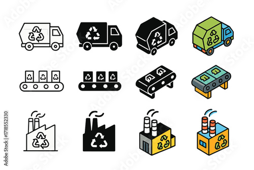 Colorful Recycling Icons. Icon Set of Recycling facilities: recycling truck, conveyor belt, recycling plant. Icons set in vector style, emblematic variations.