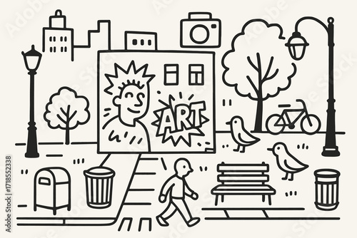 Urban Doodle Scene. Hand-drawn doodle illustration [city art scene] cityscape, mural wall, sidewalk, passerby, tree, lamppost, crosswalk, bike, bird, bench,
