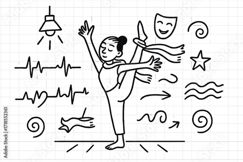 Contemporary Dance Motion. Hand-drawn doodle illustration contemporary dance body in motion, stretch pose, heartbeat line, swirl, stage, barefoot, expressive