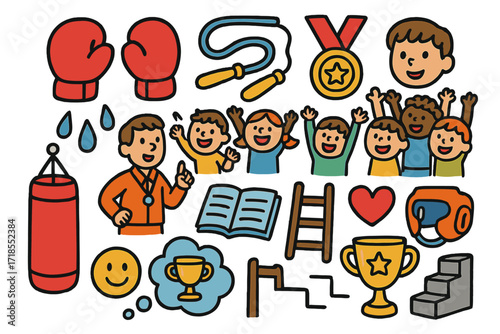 Champion's Journey Icons. Colorful Hand-drawn doodle Children illustration Champion's Journey gloves, jump rope, medal, sweat, cheering crowd, coach, punching