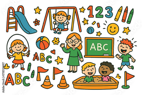 Playground Fun Doodles. Colorful Hand-drawn doodle Children illustration Educational Playground Activities slide, swing, jump rope, ball, chalkboard, numbers,