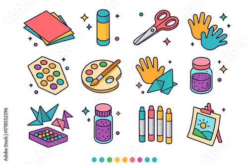Arts and Crafts Icons. Colorful isometric vector icons set of Arts and crafts night: colored paper sheets, glue stick, craft scissors, sticker sheet, paint