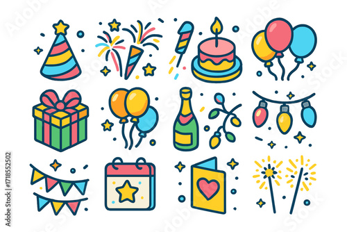 Festive Icon Collection. Colorful isometric vector icons set of Holiday celebration day: party hat, fireworks, confetti popper, cake, wrapped gift, balloons,