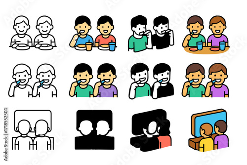 Sibling Bond Icons. Icon Set of Everyday sibling bonds: eating together, brushing teeth side by side, watching TV. Icons set in vector style, emblematic