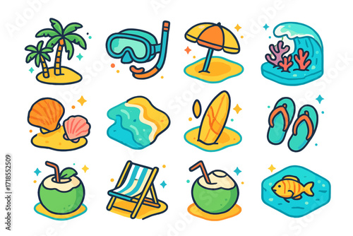 Tropical Beach Icons. Colorful isometric vector icons set of tropical beach with clear water: palm trees, snorkeling mask, beach umbrella, coral