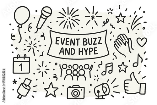 Event Celebration Doodle. Hand-drawn doodle illustration [event buzz and hype] [balloon, microphone, banner, firework, spark, confetti, calendar, crowd, music