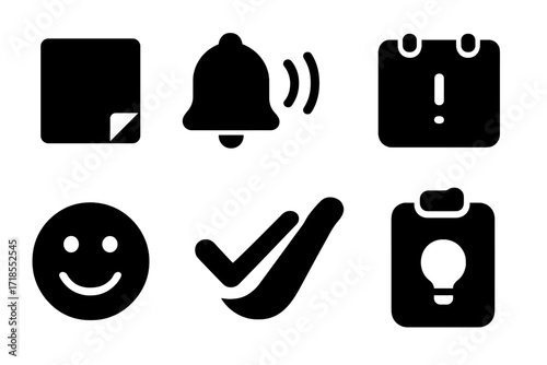 Polite Reminder Icons. Solid, filled icon set of polite reminders: sticky note, reminder bell, calendar alert, hand waving, smiley face, checkmark, clipboard,