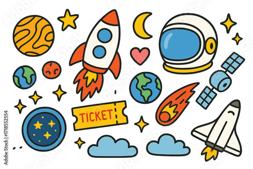Space Adventure Doodles. Space tourism flights. Colorful Hand-drawn doodle Children illustration rocket, astronaut helmet, planet, star, moon, satellite,