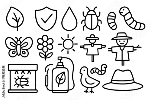 Eco-Friendly Pest Icons. Hand-drawn doodle illustration eco-friendly pest management leaf, shield, droplet, beetle, caterpillar, butterfly, flower, sun,