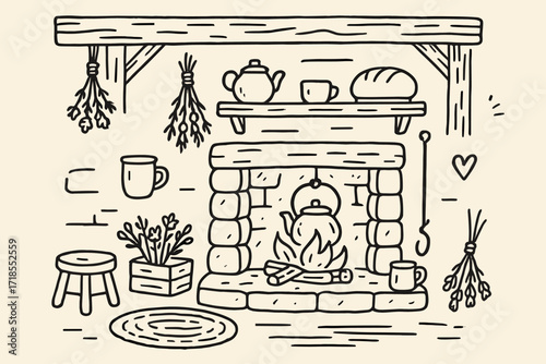 Rustic Cottage Hearth. Hand-drawn doodle illustration [Rustic cottage hearth] [stone hearth, wooden beams, kettle, fire iron, clay mug, wall-mounted shelf,