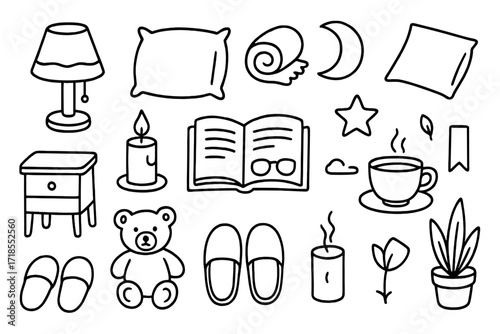 Bedtime Reading Essentials. Hand-drawn doodle illustration peaceful bedtime reading lamp, pillow, blanket, open book, glasses, candle, cup of tea, slippers,