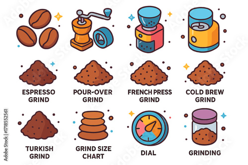 Colorful Coffee Grind Icons. Colorful isometric vector icons set of coffee grinding methods: whole beans, hand grinder, burr grinder, blade grinder, espresso