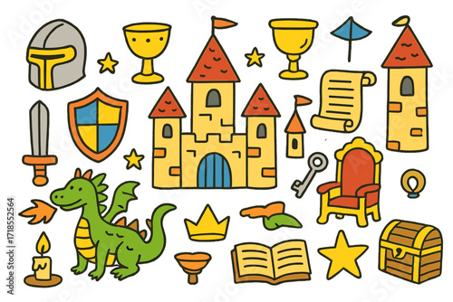 Medieval Adventure Doodle. Colorful Hand-drawn doodle Children illustration medieval castle knight helmet, shield, sword, crown, goblet, castle tower, dragon,