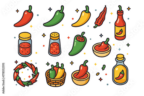 Colorful Chili Icon Set. Chili peppers. Colorful isometric vector icons set of chili peppers: red chili, green chili, yellow chili, dried chili, chili powder