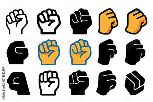 Vector Fist Emblems. Set Logo of Withdrawal Symptoms: clenched fists. Logo set in vector style, emblematic variations. line, bold thick line, solid black