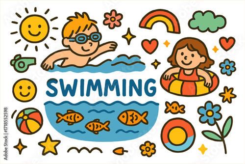 Colorful Swimming Doodles. Colorful Hand-drawn doodle Children illustration Swimming Movement [swimming pool, float ring, goggles, waves, fish, star, rainbow,