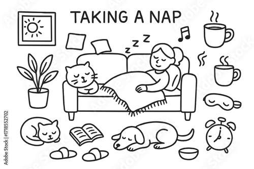 Cozy Nap Essentials. Hand-drawn doodle illustration Taking a nap Couch, Pillow, Throw blanket, Cat, Dog, Book, Coffee mug, Plant, Slippers, Alarm clock, Eye